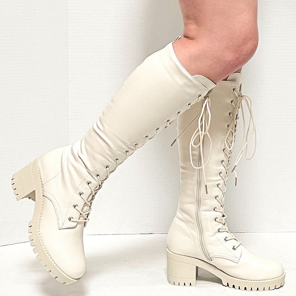 New Ivory Knee High Platform Combat Lace Up Heel Boots